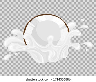 Fresh coconut milk juice splash burst isolated on transparent background. Summer fruit juice. Vector illustration for any design.