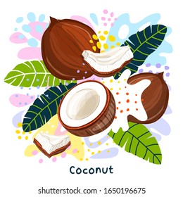 Fresh coconut milk splash organic food condiment spice splatter. Spicy herbs nuts. Abstract colorful art splatter splash background. Vector hand drawn illustration