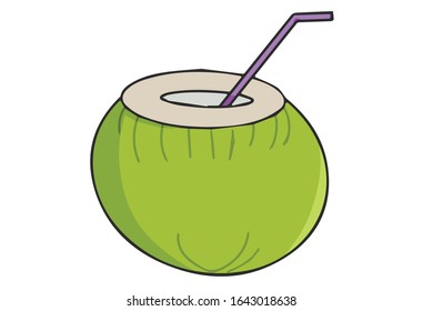 Fresh coconut with milk and straw, hand drawn on tablet pc, vector