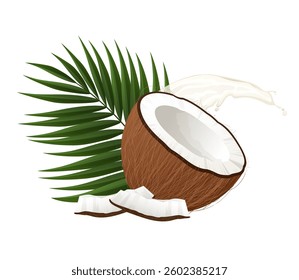 Fresh coconut splashing milk with palm leaf and slices