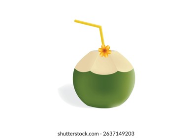 Fresh coconut with straw and flower, tropical drink icon for summer or beach theme.
