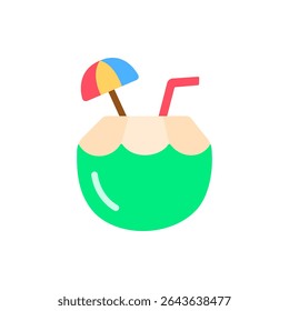 A fresh coconut with a straw and mini umbrella, styled flat and tropical. Suitable for exotic drink menus, vacation vibes, or summer refreshment icons.