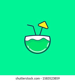Fresh Coconut vector design flat illustration. coconut with straw in green background