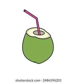 Fresh coconut water  cartoon style with drinking straw  Isolated vector