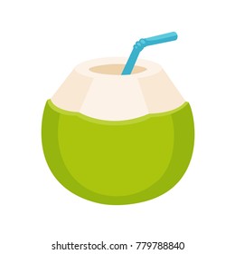 Fresh coconut water drink drawing. Young green coconut with drinking straw, isolated cartoon vector illustration.