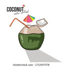 Fresh coconut water drink,cocktail colorful umbrella, Idea for summer,Isolated vector illustration