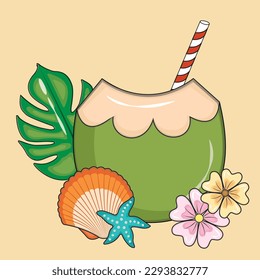 Fresh coconut water with iconic red straw illustration vector graphic. Summer fruit. Tropical fresh fruit.