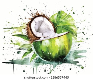 Fresh coconut , watercolor painting isolated on white background for decorate card or menu.