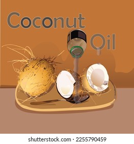 Fresh coconuts, bottle of coconut oil on wooden tray