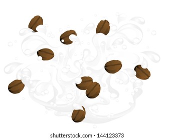 Fresh coffee beans  in milch splash
