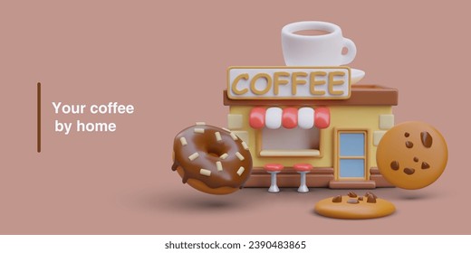 Fresh coffee by home. Local business advertising. Cafe near home. Cute coffeehouse, cookies, donuts with glaze. Vector color mockup with place for text