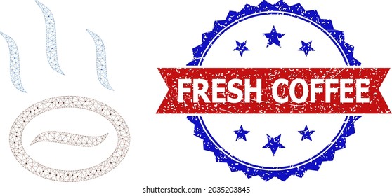 Fresh Coffee corroded stamp seal, and coffee steam icon network structure. Red and blue bicolored stamp seal has Fresh Coffee tag inside ribbon and rosette. Abstract 2d mesh coffee steam,