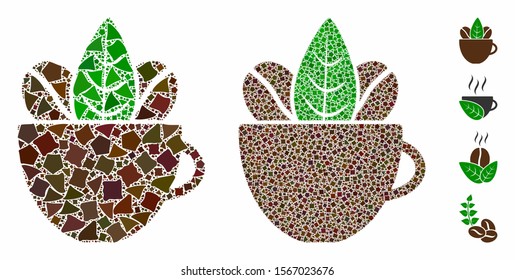 Fresh coffee cup composition of inequal items in various sizes and color tones, based on fresh coffee cup icon. Vector inequal pieces are grouped into composition.