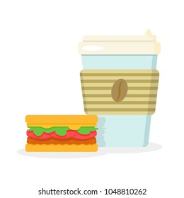 Fresh coffee cup to go with brown bean and sandwich with tomatoes, cutlet, salad. Modern style vector illustration icons. 
Isolated on white background. Coffee take away in blue cup with club sandwich