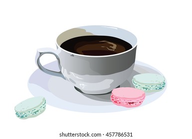 Fresh Coffee cup with macaroons dessert  isolated on white Vector