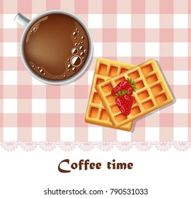 Fresh Coffee cup and waffles breakfast Vector illustration. Realistic drawing top view
