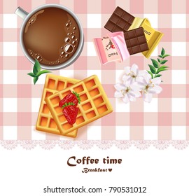 Fresh Coffee cup and waffles and chocolates breakfast Vector. Realistic drawings top view
