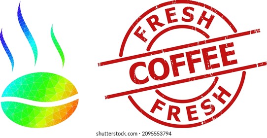 Estampado sucio de café fresco y aroma de café de color bajo espectro con gradiente. El sello rojo incluye la etiqueta FRESH COFFEE en el interior de redondo y forma de líneas.