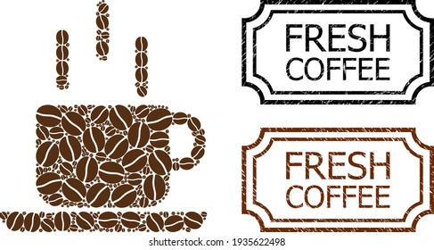 Fresh Coffee Distress Badges with Notches and Coffee Mug Collage of Coffee Seeds