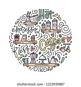 Fresh Coffee. Hand lettered doodle coffee quote. Vector illustration with clipart - coffee pots, coffee beans, cups and splashes. 