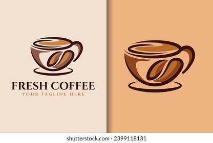 Fresh Coffee Logo Design. Abstract Coffee Cup Combined with Coffee Bean Logo Concept. Vector Logo Illustration.