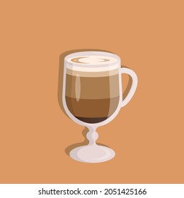 Fresh coffee with milk and foam in the glass isolated icon, flat design