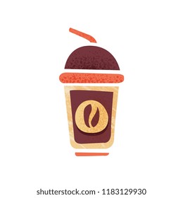 Fresh coffee in plastic cup with drinking straw and lid. Hot drink. Icon with texture. Flat vector for poster of coffee shop