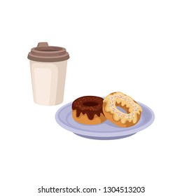 Fresh coffee in plastic cup and two sweet donuts. Delicious breakfast. Food and drink theme. Flat vector design