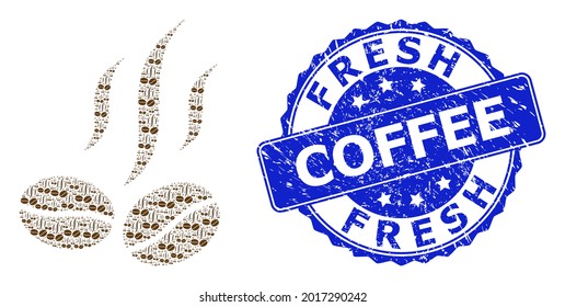 Fresh Coffee rubber round seal and vector fractal collage coffee beans smell. Blue stamp includes Fresh Coffee text inside round shape. Vector collage is created of repeating coffee beans smell icons.