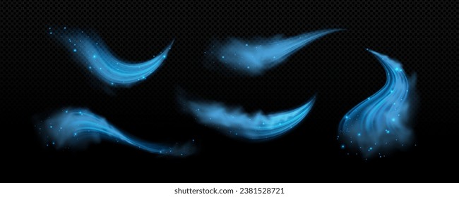 Fresh cold air waves with wind flow effect. Realistic vector illustration set of blue jets of cool airstream with dust or ice particles. Transparent purification breeze air blow with sparkles. svg