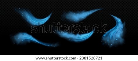 Fresh cold air waves with wind flow effect. Realistic vector illustration set of blue jets of cool airstream with dust or ice particles. Transparent purification breeze air blow with sparkles.