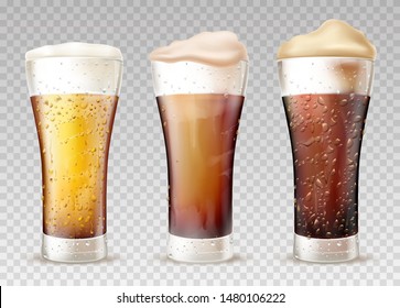 Fresh and cold beer, ale poured in weizen glasses with moisture drops and human finger traces on wet sides realistic vector set. Craft lager types, styles with foam pours out from glass illustration