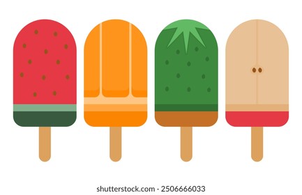 Fresh Cold Fruit Popsicle Vector. Watermelon, Orange, Kiwi, and Apple Popsicle. Sweet Fruit Flavored Popsicle.