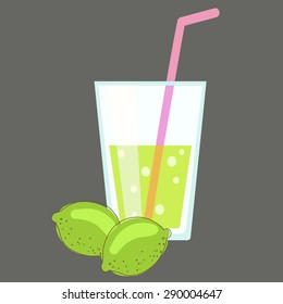 Fresh cold lemonade. Glass of citrus juice. Lime soda summer cocktail and lime fruit. Beach pool bar drink