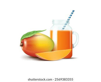 fresh cold mango juice jar and organic tasty ripe mango and slice isolated on the white background vector illustration.	