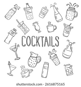 Fresh cold smoothie in glass blender with fruit and berry doodle style flat icon summer breakfast health juice bar refreshment shake dessert vegan set restaurant color

