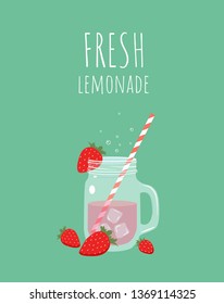 Fresh cold strawberry lemonade with red strawberries around jar and ice cubes. - Vector illustration
