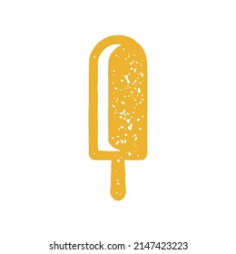 Fresh cold tasty ice cream on wooden stick refreshing summer dessert yellow grunge texture vector illustration. Appetizing cooling dairy sweet delicious food hand drawn minimalist silhouette isolated