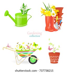 fresh collection of spring bouquets and gardening equipments for your design 