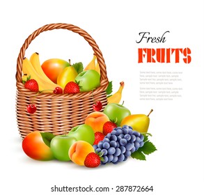 Fresh color fruit in basket. Concept of diet. Vector illustration
