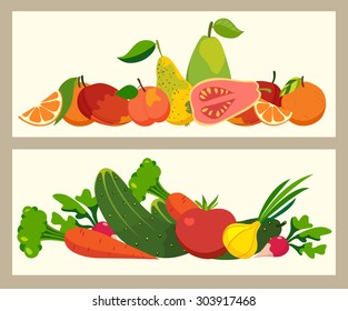 Fresh colored vegetables and fruit banners, vector illustration