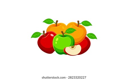 Fresh colorful apples vector illustration featuring a heap of red, green, and orange apples with a slice piece and green leaves isolated on white background. Perfect for healthy food design, nutrition, organic fruit market, juice packaging, and recipe cliparts.