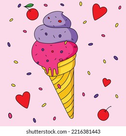 Fresh colorful ice cream with chocolate and cherry fruit decorated vector artwork illustration