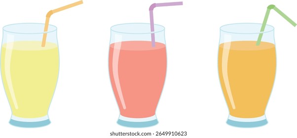 Fresh Colorful Juice Glasses with Straws Flat Design for Summer Refreshment and Beverage Icons