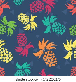 Fresh Colorful Pineapples Vector Repeat Seamless Pattern with dark Blue Background. Great for fabric, packaging, wallpaper, invitations.