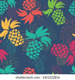 Fresh Colorful Pineapples Vector Repeat Seamless Pattern with dark Blue Background. Great for fabric, packaging, wallpaper, invitations.