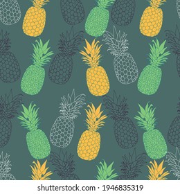 Vector de piña de color fresco repite el patrón sin foco en colores gris y amarillo. Ideal para tejidos, impresos, textiles, embalajes, papel pintado, invitaciones.