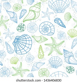 Fresh colorful seamless pattern with various shells, clams, starfish und snails, fun under water background, great for ocean themes, beach fabrics, summer textiles or background, wallpapers - vector 