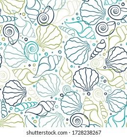 Fresh colorful seamless pattern with various shells, clams and snails - vibrant under water background, great for ocean themes, beach fabrics, summer textiles or background, wallpapers - vector 