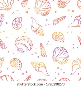 Fresh colorful seamless pattern with various shells, clams and snails - vibrant under water background, great for ocean themes, beach fabrics, summer textiles or background, wallpapers - vector 